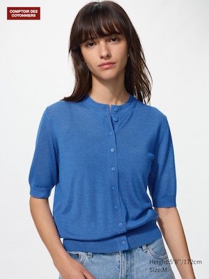 Merino Silk Blend Crew Neck Cardigan (Short Sleeve)