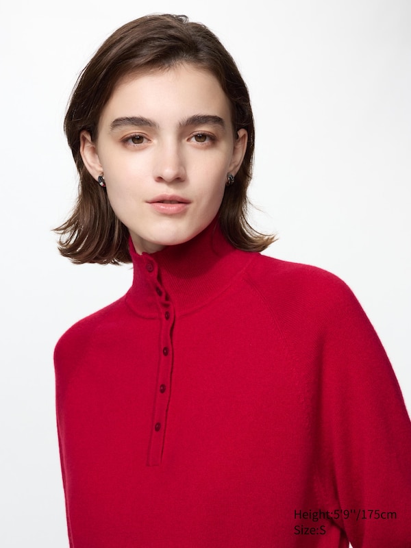 100% Cashmere High Neck Button Jumper