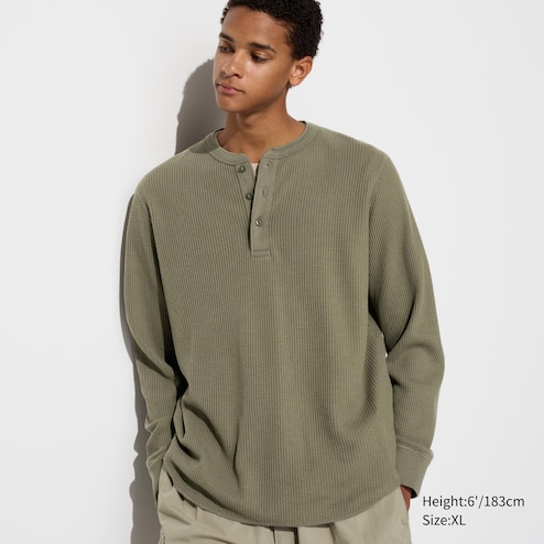 WAFFLE HENLEY NECK LONG SLEEVE PULLOVER