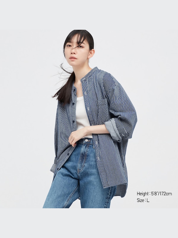 Hickory Oversized Stand Collar Long Sleeve Shirt