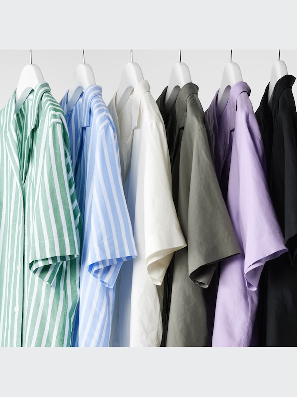 Linen Blend Striped Open Collar Short Sleeve Shirt