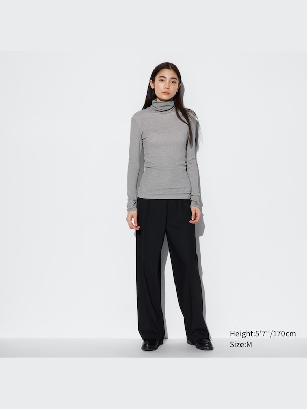 HEATTECH Seamless Ribbed Turtle Neck Long Sleeve Striped T-Shirt (Extra Warm)