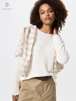 3D Knit Cotton Crew Neck Long Sleeve Sweater