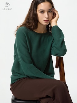 3D Knit Cotton Crew Neck Long Sleeve Sweater