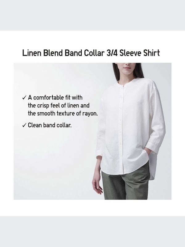 Kemeja Linen Blend Kerah Tegak | Lengan 3/4