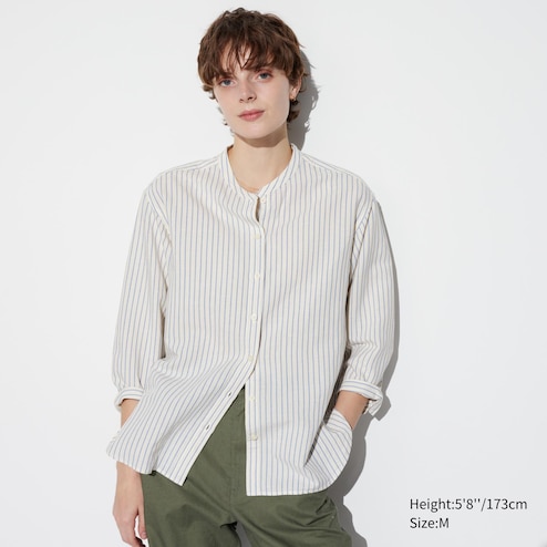 Linen Blend Band Collar 3/4 Sleeve Shirt (Stripe)