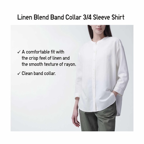 Linen Blend Band Collar Striped 3/4 Sleeve Shirt
