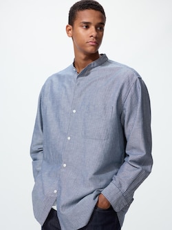 Cotton Linen Stand Collar Shirt | Long Sleeve Stripe