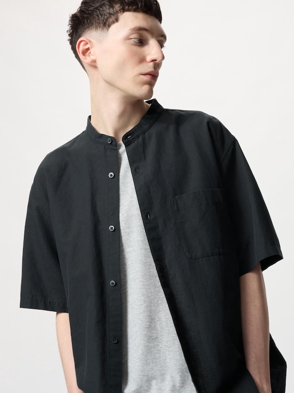Cotton Linen Stand Collar Shirt | Short Sleeve