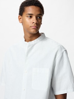 Cotton Linen Stand Collar Stripe Shirt | Short Sleeve