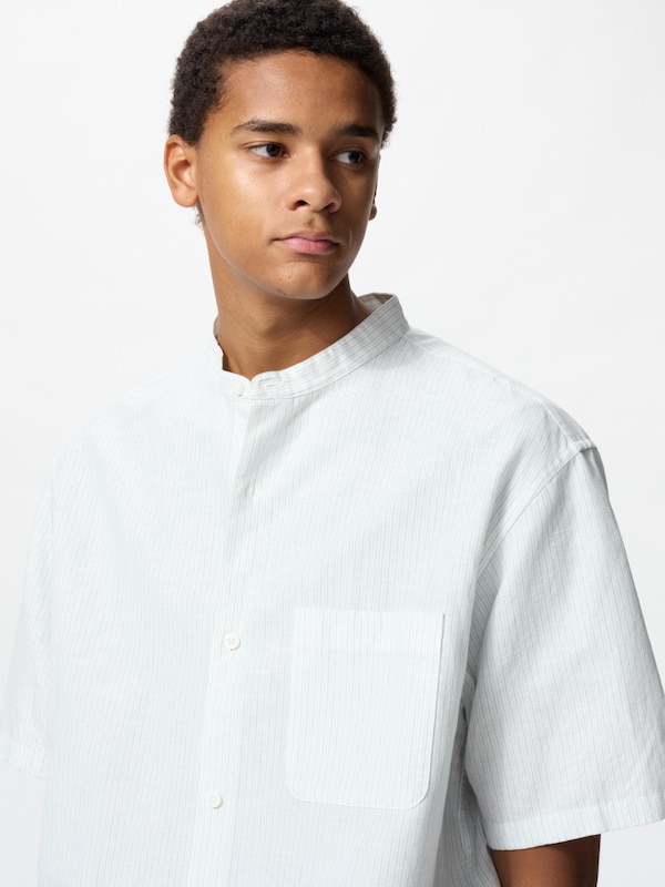 Cotton Linen Stand Collar Stripe Shirt | Short Sleeve