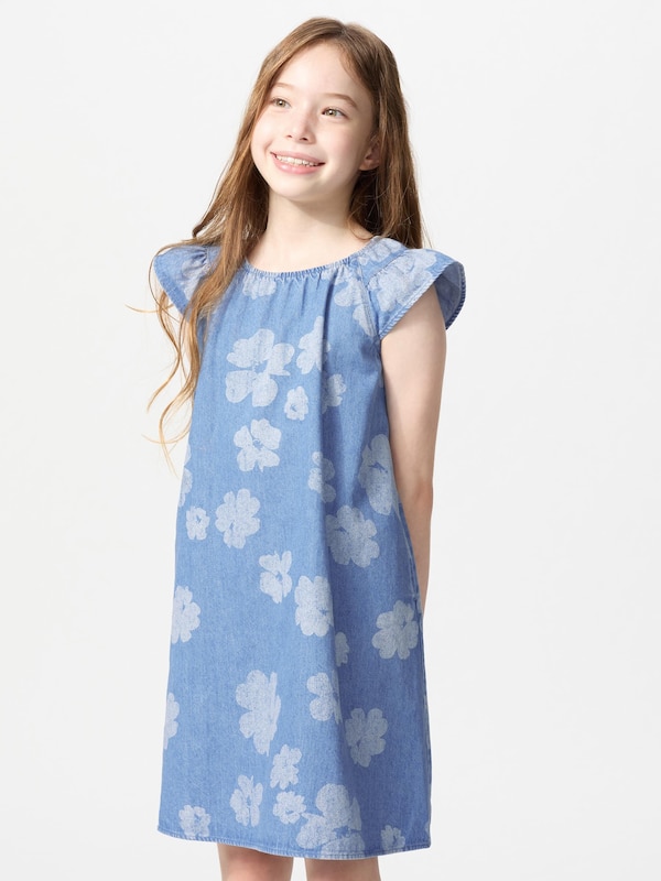 GIRLS Gaun Denim | Lengan Pendek Motif