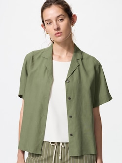 Linen Blend Open Collar Shirt Short Sleeve