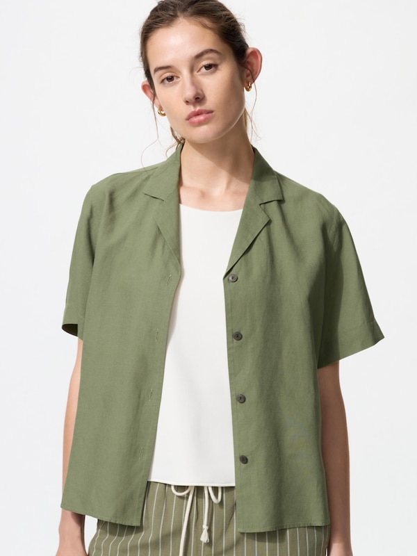 Linen Blend Open Collar Shirt Short Sleeve