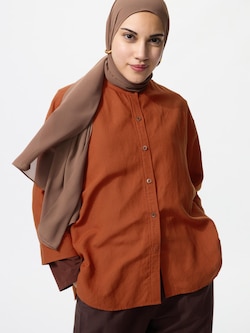 Kemeja Linen Blend Kerah Tegak 3/4