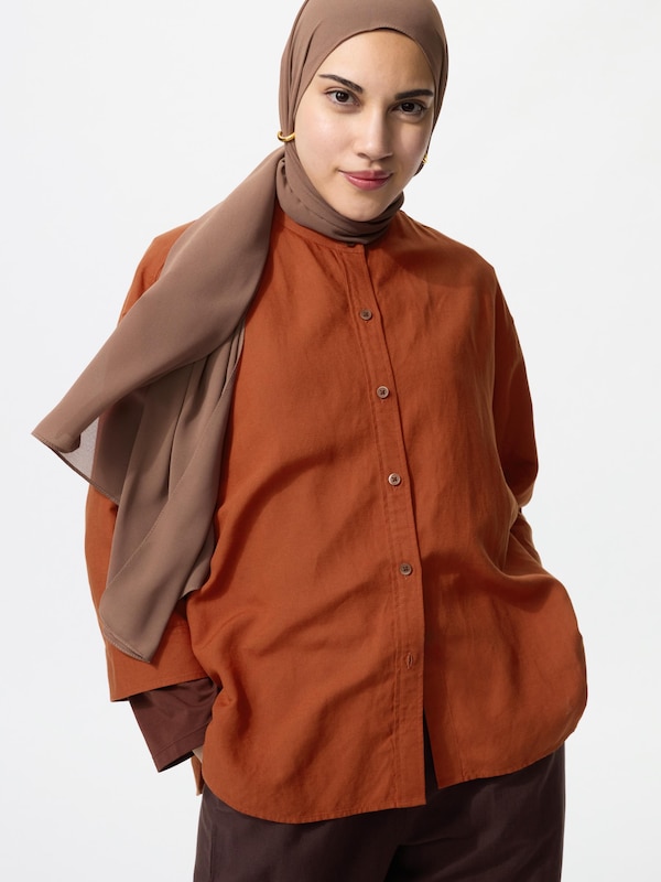 Linen Blend Band Collar Shirt 3/4
