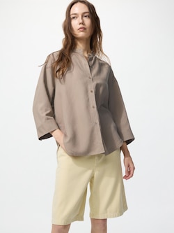 Linen Blend Band Collar Shirt 3/4