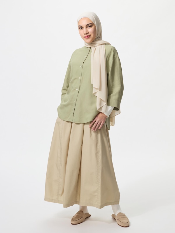 Linen Blend Band Collar Shirt 3/4