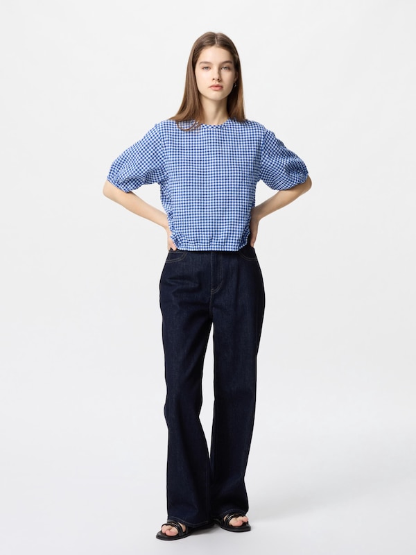 Seersucker Volume Blouse Short Sleeve Gingham (Matching Set)