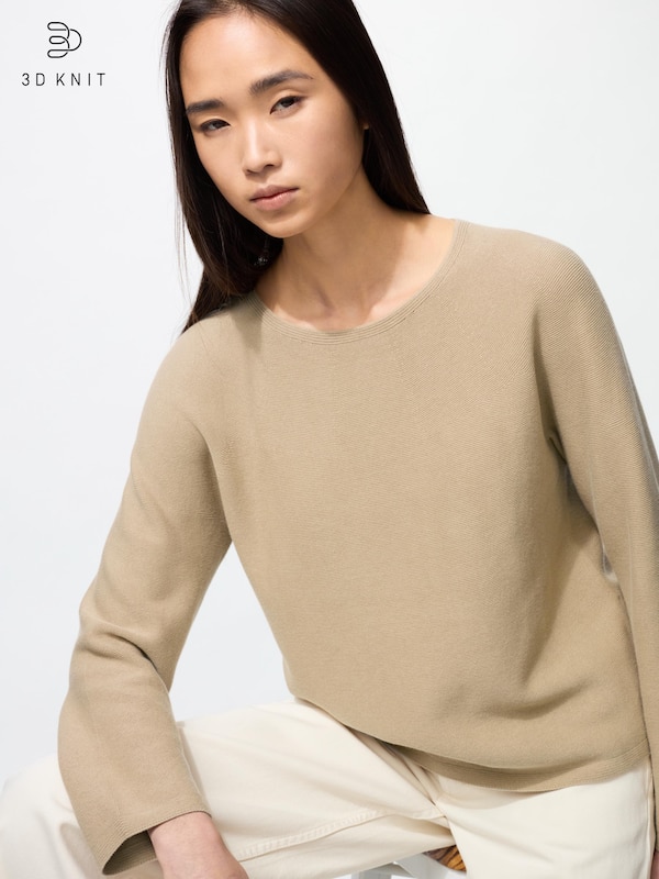3D Knit Cotton Crew Neck Sweater