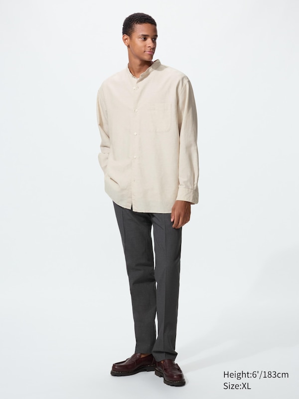Kemeja Katun Linen Kerah Tegak Lengan Panjang