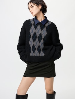 Fluffy Argyle Crew Neck Sweater
