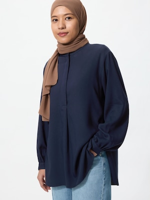 Rayon Band Collar Tunic Long Sleeve