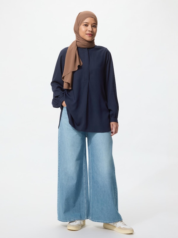 Rayon Band Collar Tunic Long Sleeve