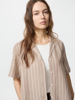 Linen Blend Open Collar Shirt Short Sleeve