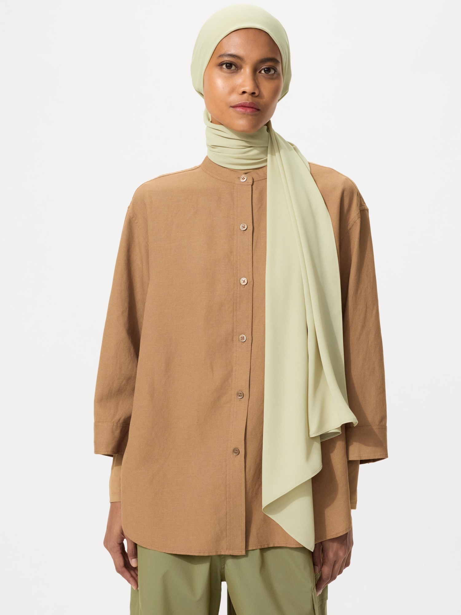 Women's Linen Blend Band Collar Shirt 3/4 Sleeve | UNIQLO ID