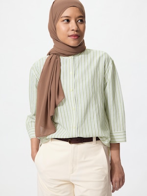 Linen Blend Band Collar Shirt 3/4 Sleeve