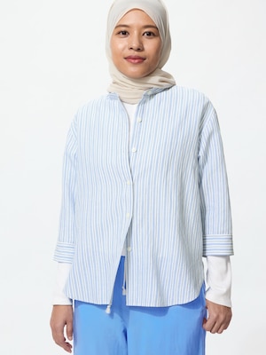 Linen Blend Band Collar Shirt 3/4 Sleeve