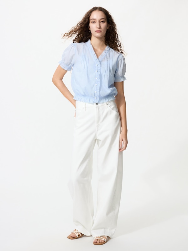 Cotton Dobby V Neck Blouse Short Sleeve