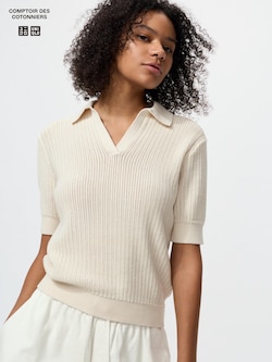 Cotton Pointelle Skipper Polo Sweater Short Sleeve
