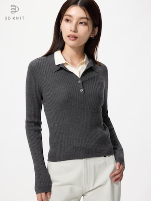 3D Knit Merino Blend Ribbed Polo Sweater