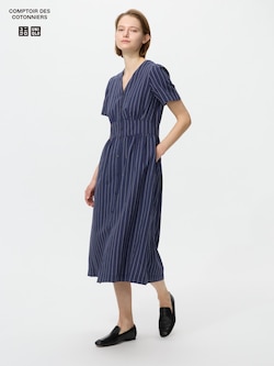 Linen Blend V Neck Dress Short Sleeve