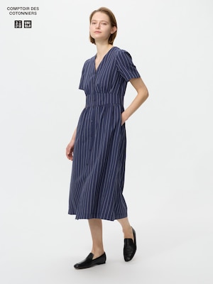 Linen Blend V Neck Dress Short Sleeve