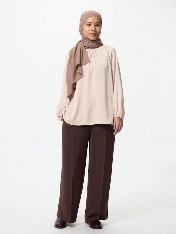 Satin Gathered Blouse Long Sleeve