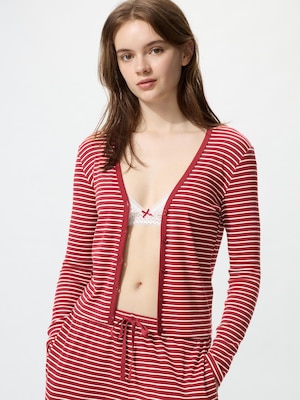 Ribbed V Neck Cardigan (Stripe)