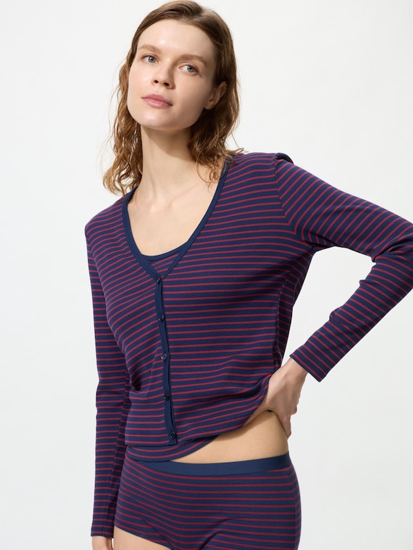Ribbed V Neck Cardigan (Stripe)