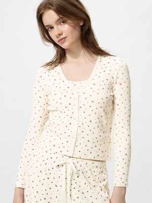 Ribbed V Neck Cardigan (Flower)