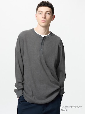 Waffle Henley Neck Long Sleeve T-Shirt