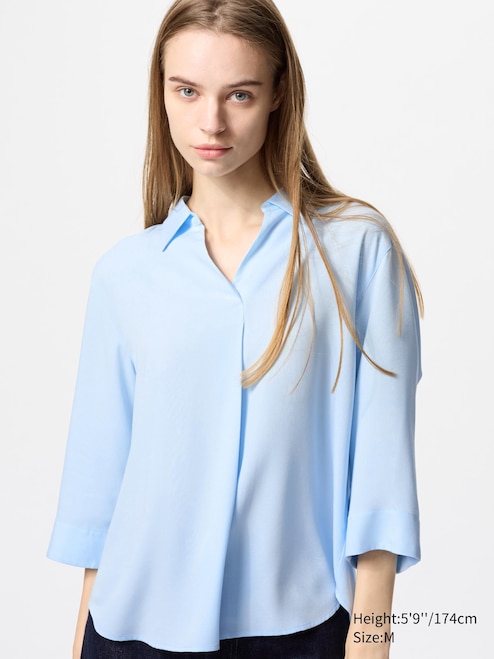 WOMEN'S RAYON SKIPPER COLLAR BLOUSE 3/4 SLEEVE UNIQLO IN