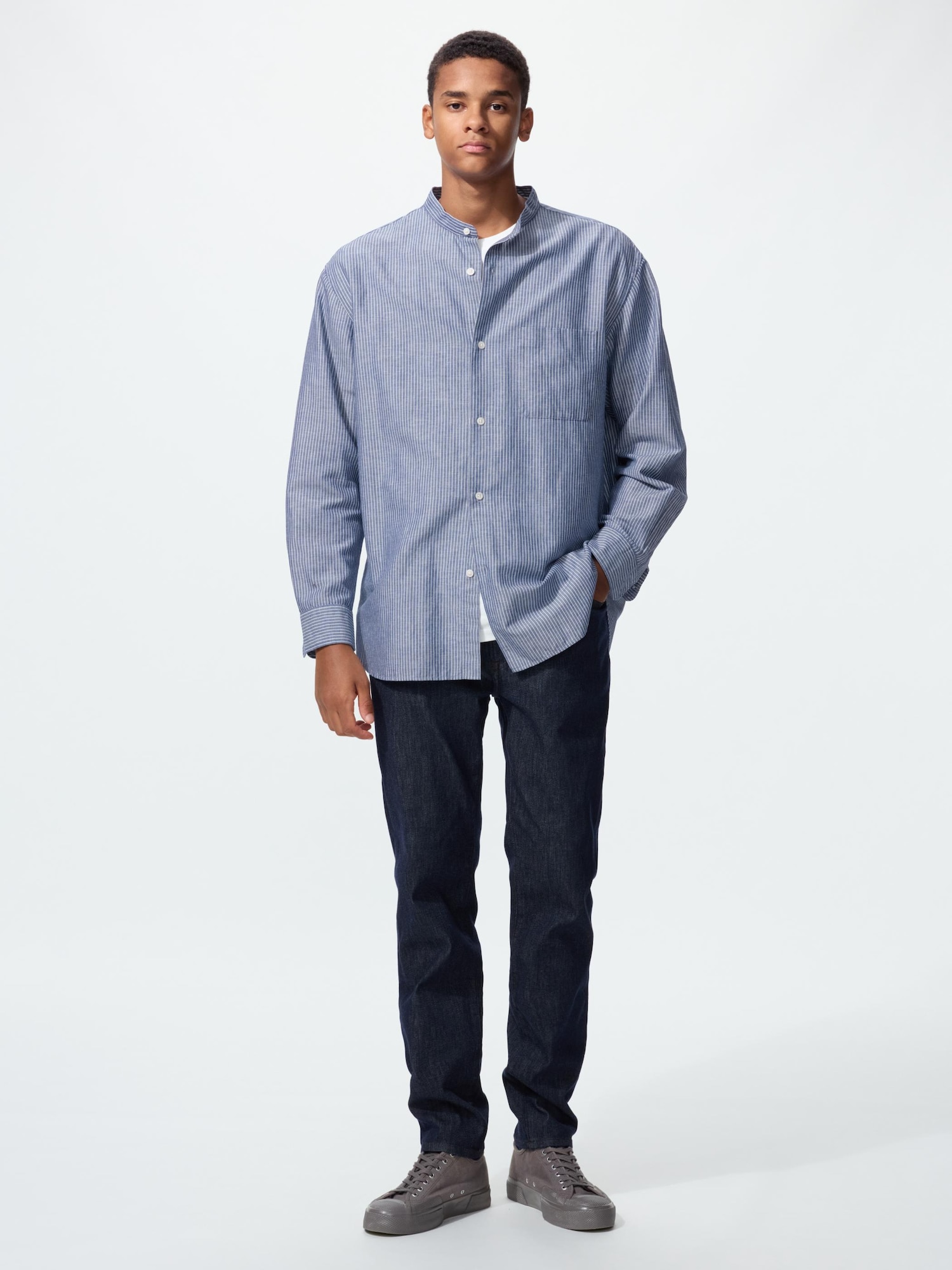 Men's Cotton Linen Stand Collar Shirt Long Sleeve | UNIQLO IN