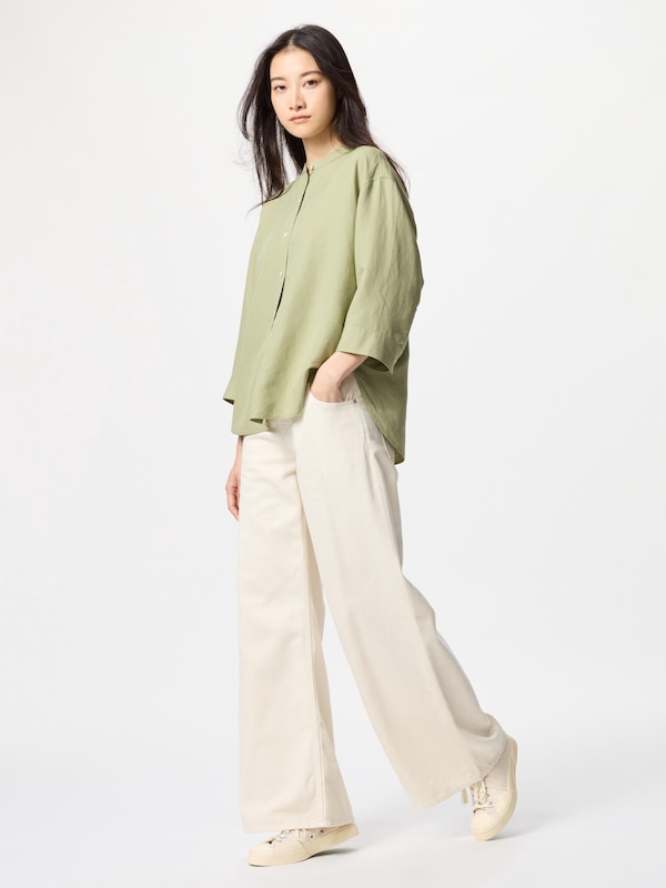 Linen Blend Band Collar Shirt 3/4 Sleeve