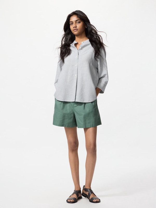 Linen Blend Band Collar Shirt 3/4 Sleeve (Striped)