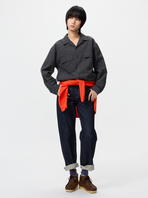 Brushed Cotton Open Collar Oversized Shirt