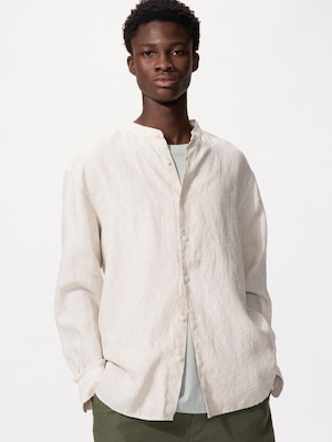 Premium Linen Stand Collar Shirt Long Sleeve (Stripe)