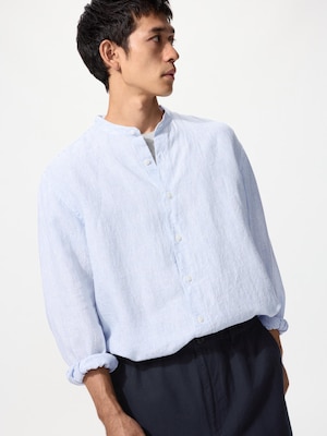 Premium Linen Stand Collar Shirt Long Sleeve (Stripe)