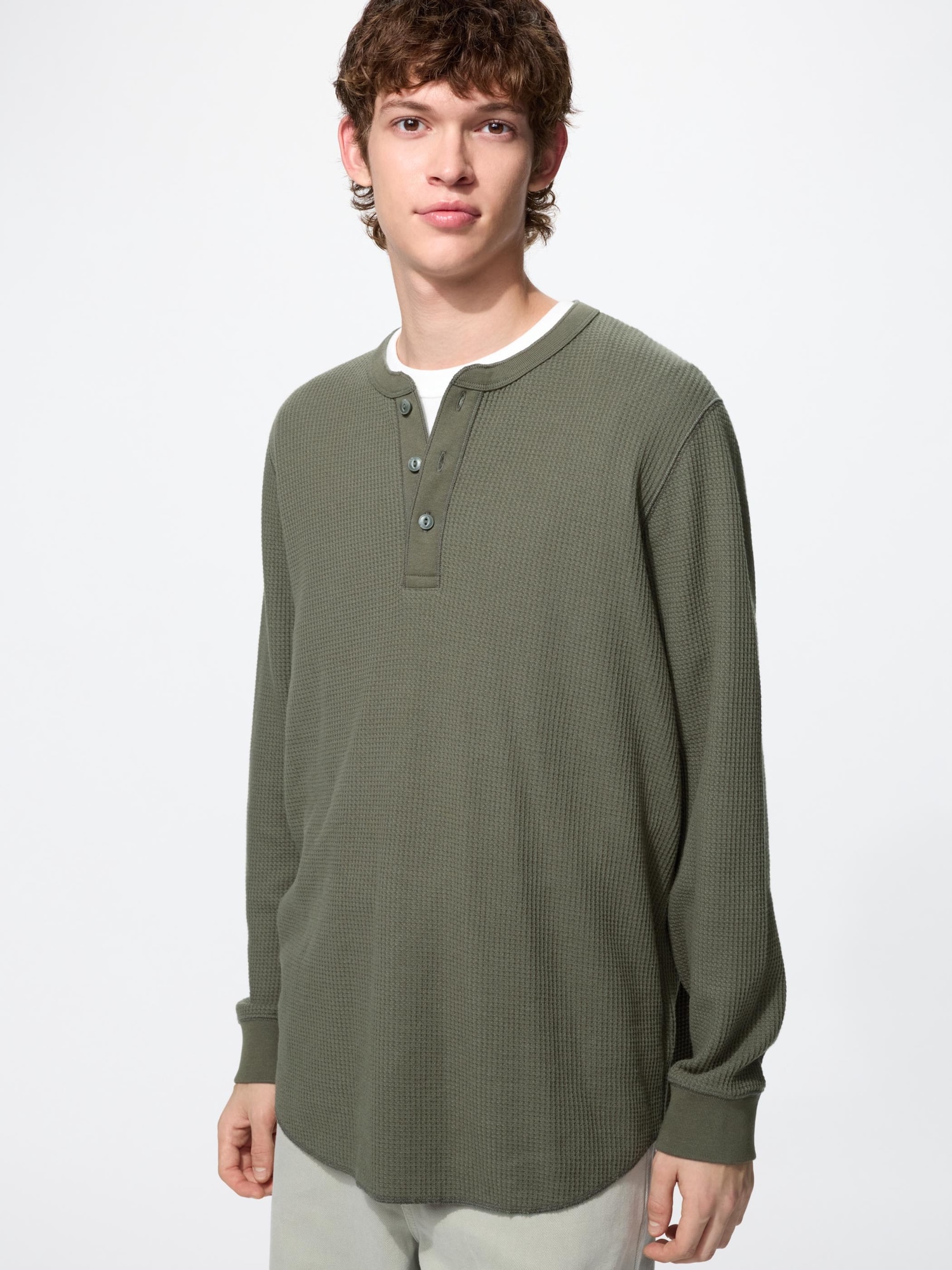 REFINED REFINED WAFFLE HENLEY NECK L/S TEE チャコール WAFFLE 